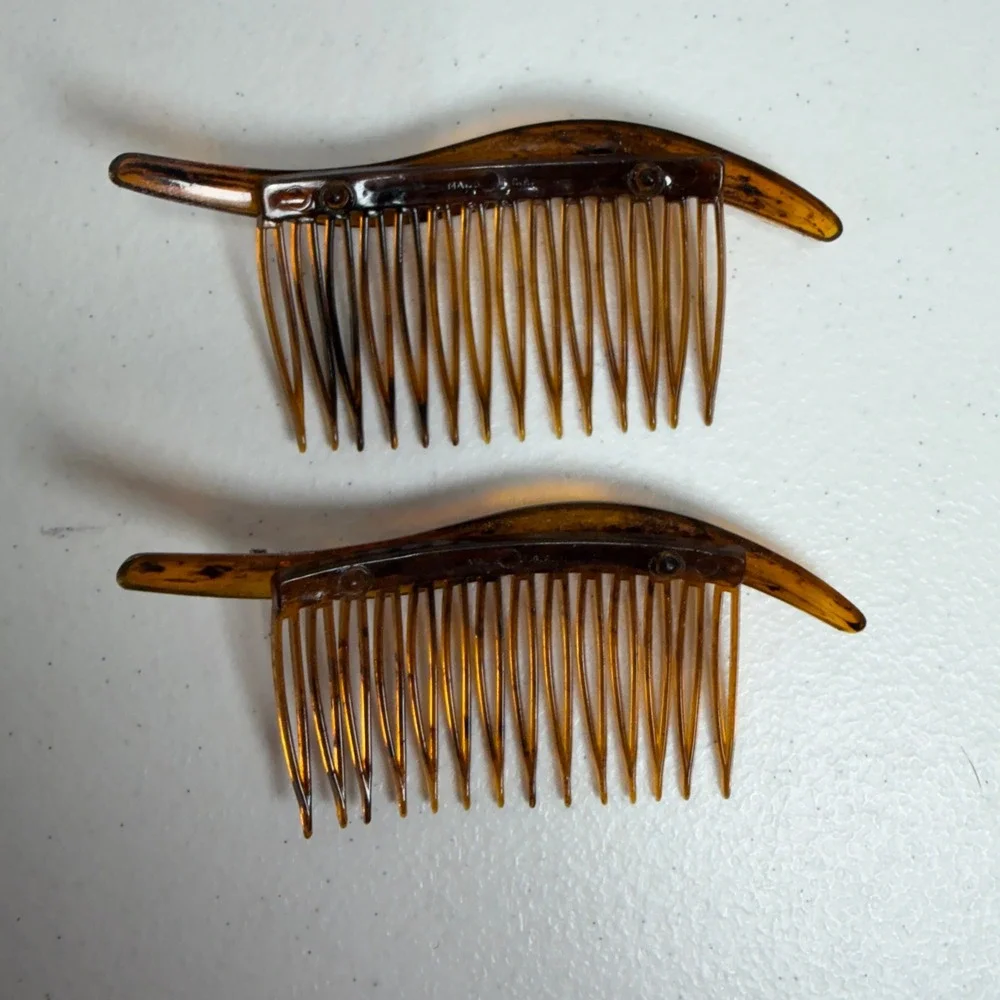 Vintage 90s Hair Comb Set Faux Tortoise Rhinestone Wave Made in USA Lot Of 2